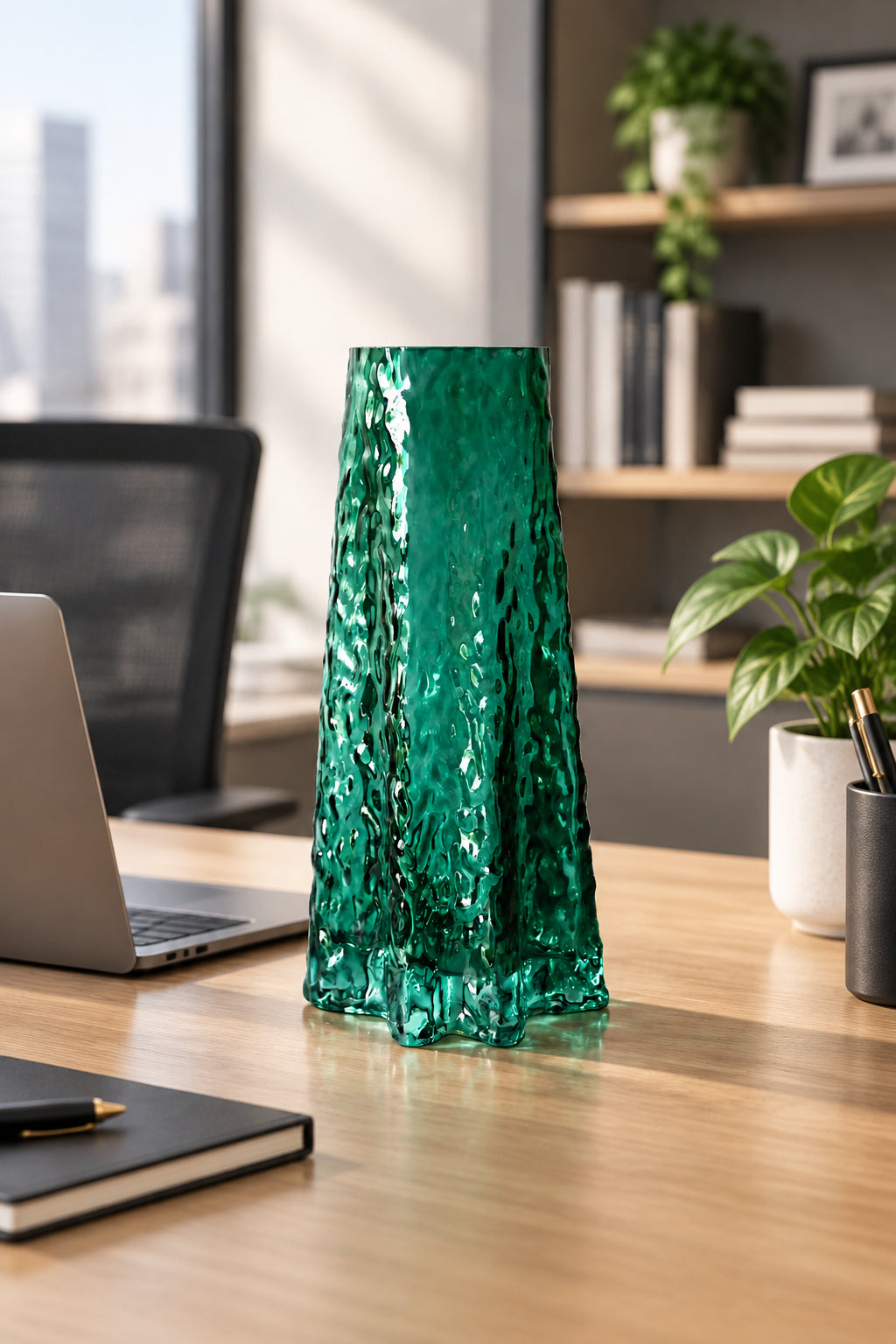 Prism Crystal Green Vase with two stick flowers | 25 cm