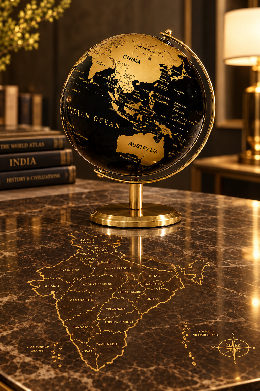 Golden & Black Globe | Plain Golden Stand | 19 cm